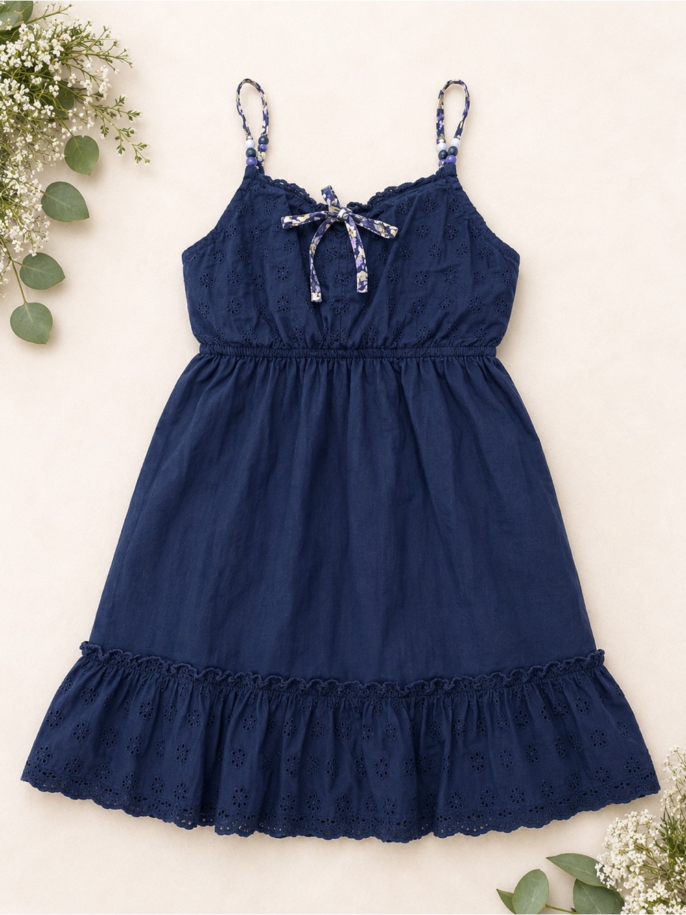 Girls' Navy Eyelet Cotton Sundress with Bow size 8